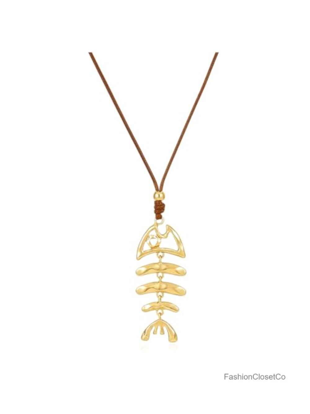 Gold Plated Fish Bone Pendant Necklace Adjustable Wax Cord Statement Jewelry